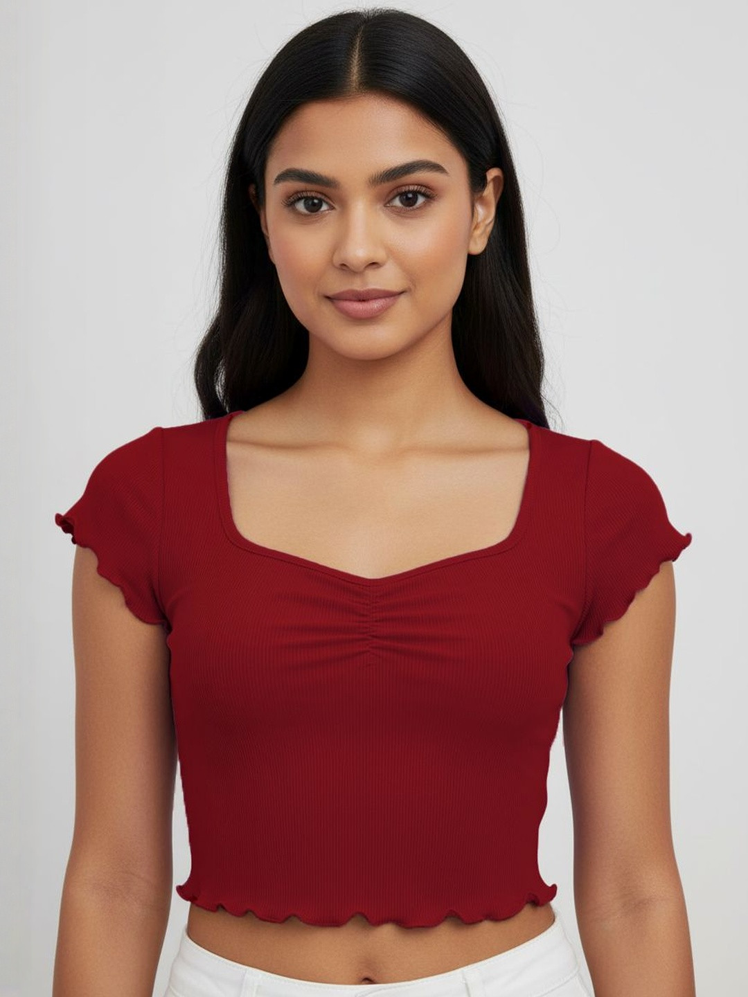 Nalax Designs Women Ribbed Sweatheart Neck Short Sleeve Lettuce Trim Crop Top