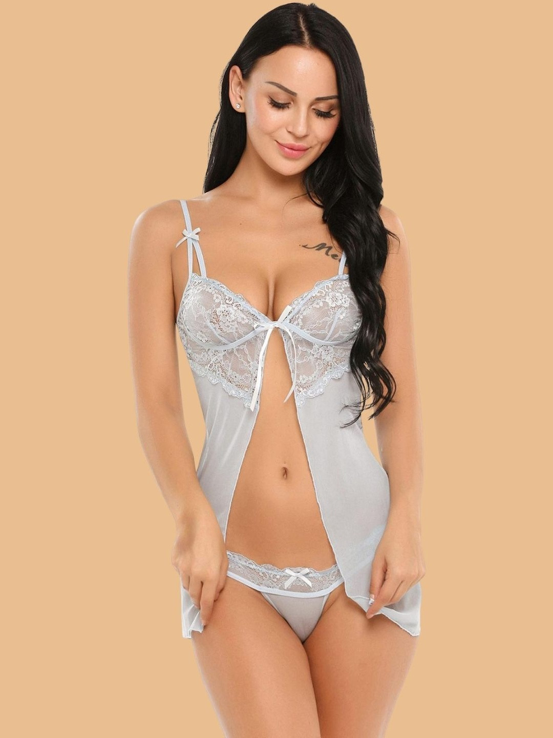 ZERJAMA Women White Sweetheart Neck Sheer Lace Nylon Baby Doll & Panty