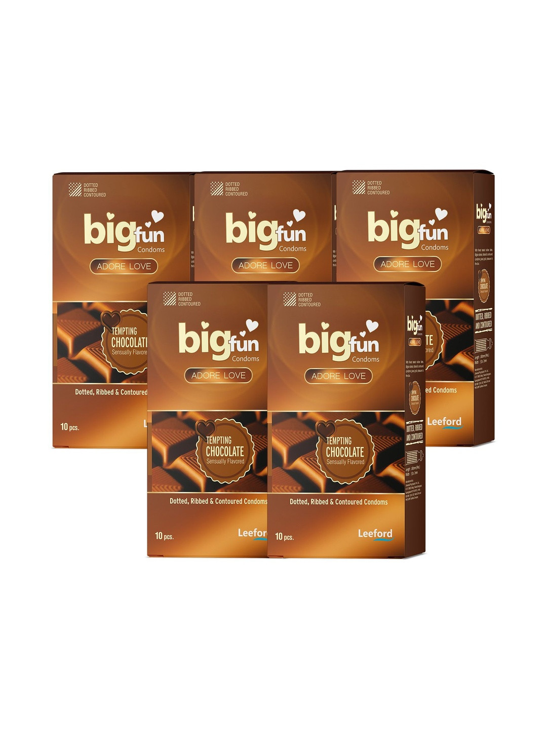 BIGFUN Set Of 5 Dotted Ribbed & Contoured Condoms -Tempting Chocolate - 50pcs