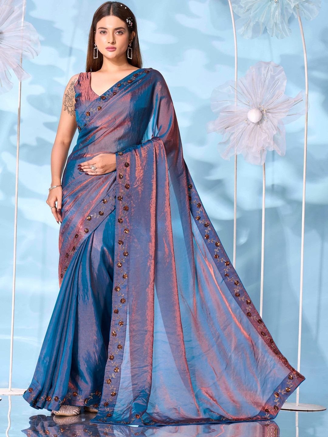 Tikhi Imli Embellished Satin Two Toned Saree With swaroski Border and sequinned butta