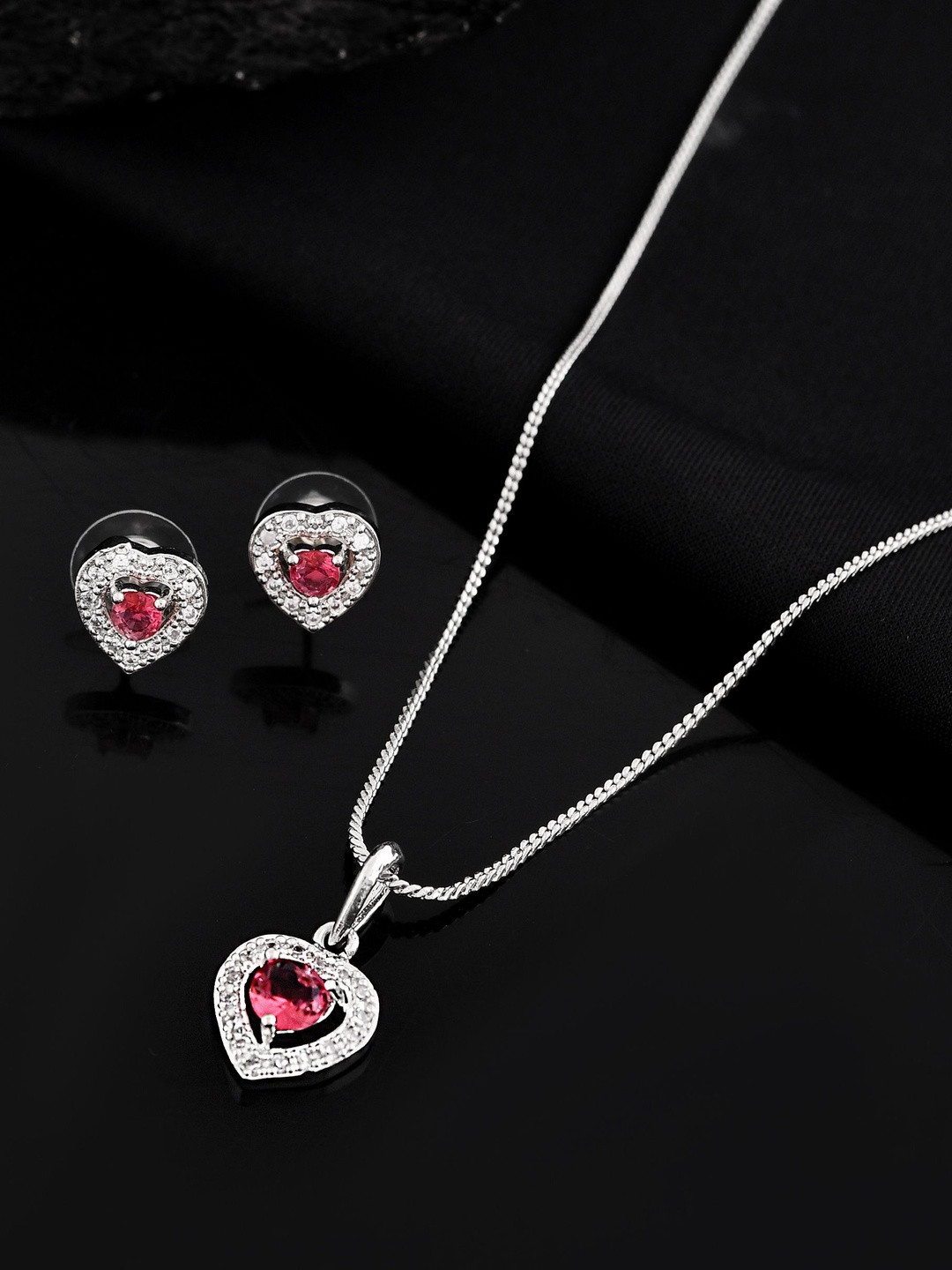 Anouk Silver Plated Pink Stone Studded Heart Shaped Chain Set