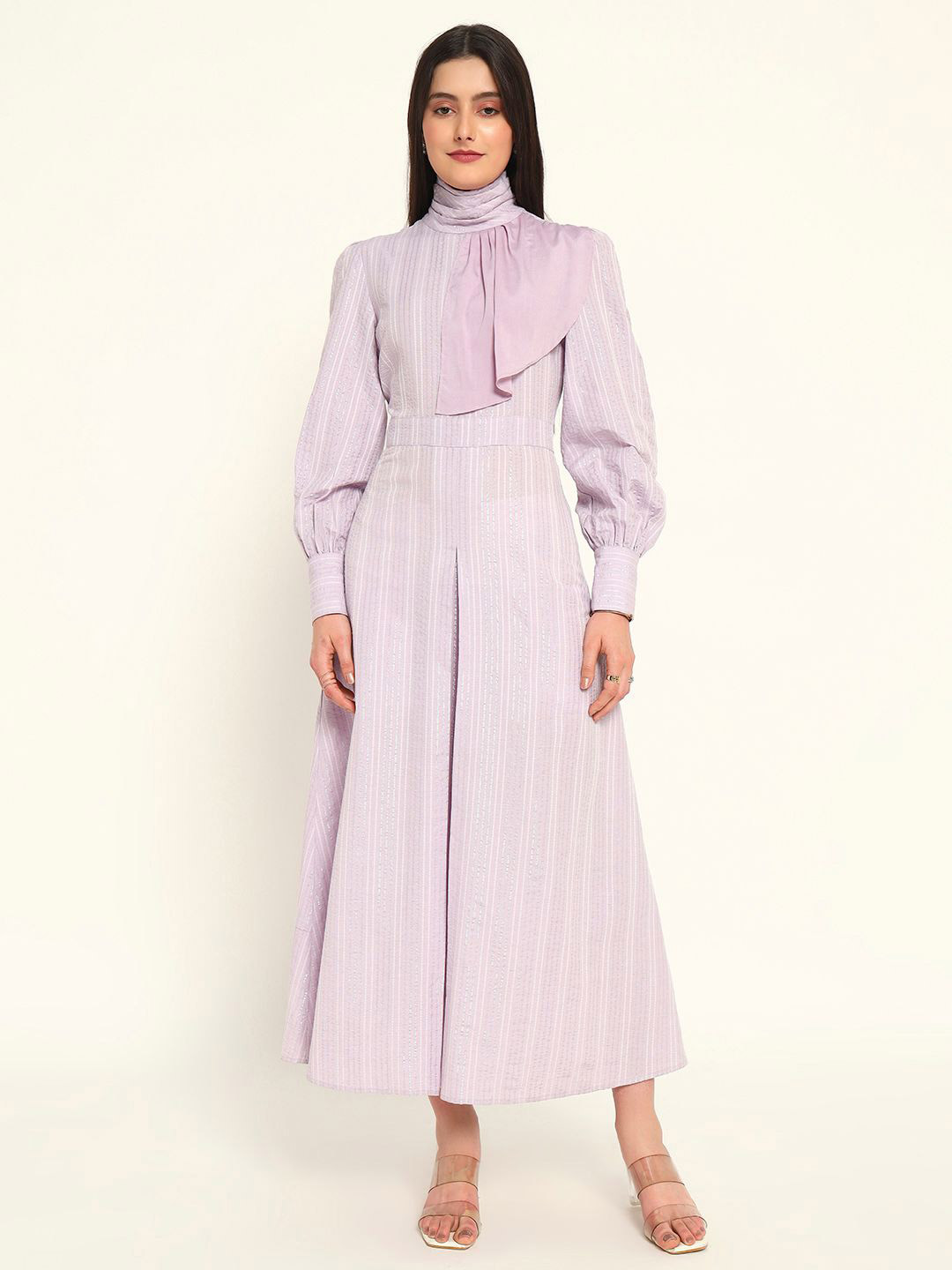 Prizm Aura Striped High Neck Long Sleeves A-Line Midi Dress