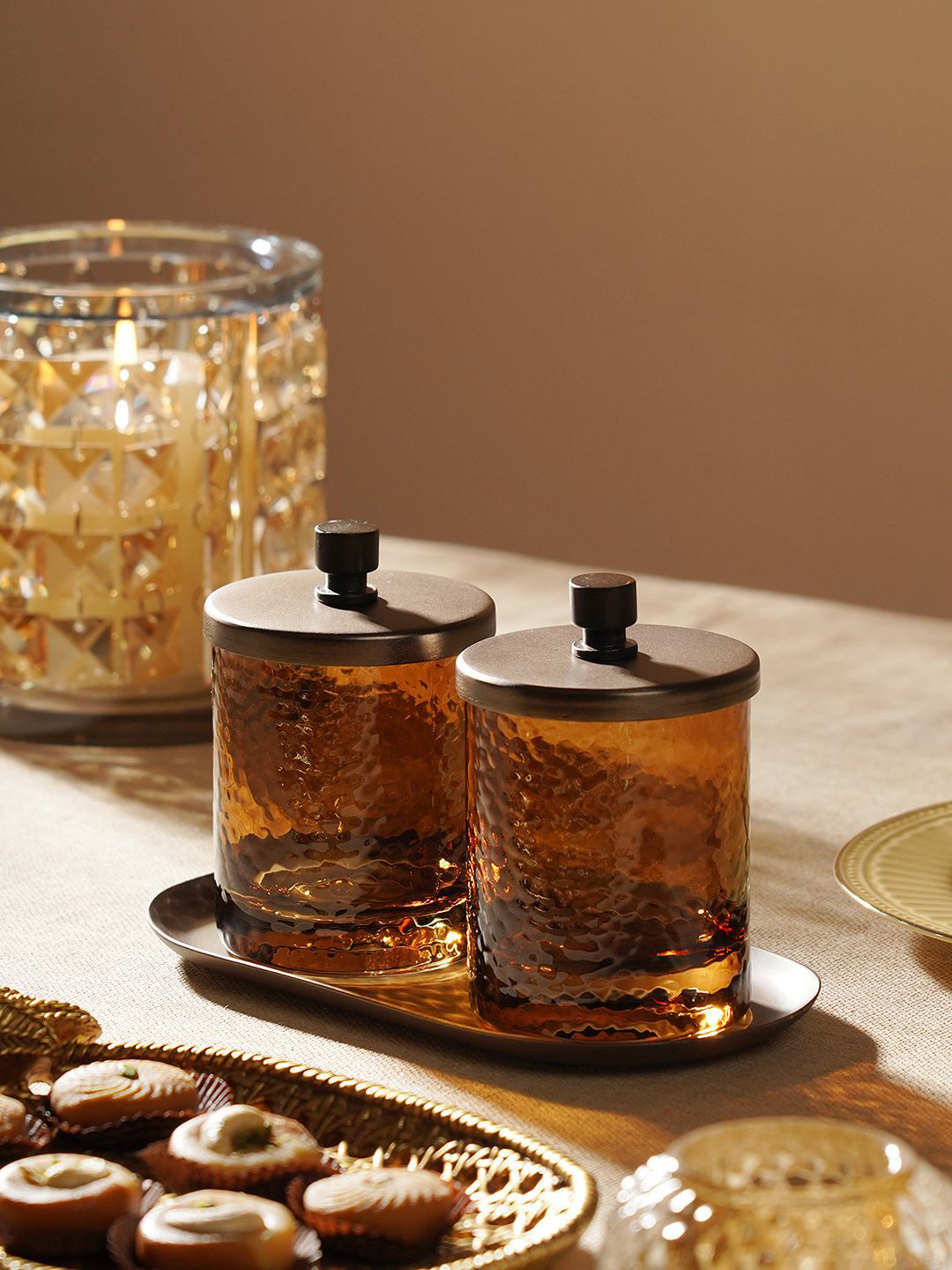 Pure Home and Living Brown 2 Pieces Hammered Condiment Glass Jars With Tray