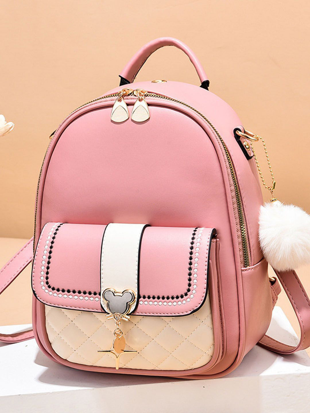 StyleCast Women Medium Stylish Casual Backpack With Pom Pom Keychain