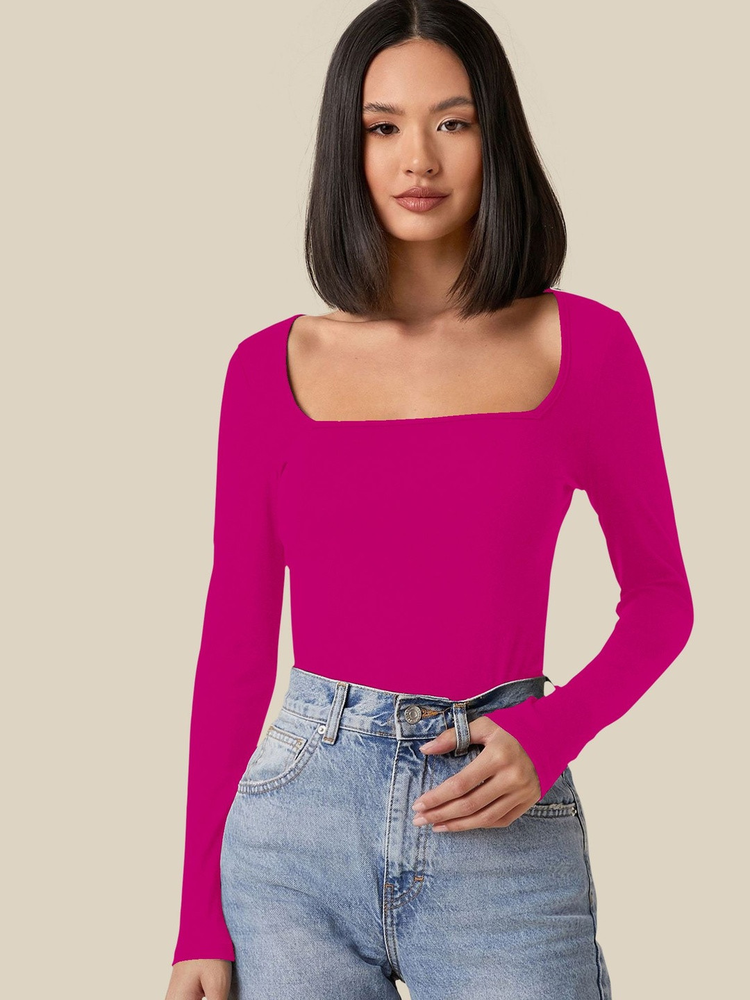 Maheshvi Women Ribbed Square Neck Long Sleeves Crop Fitted Top