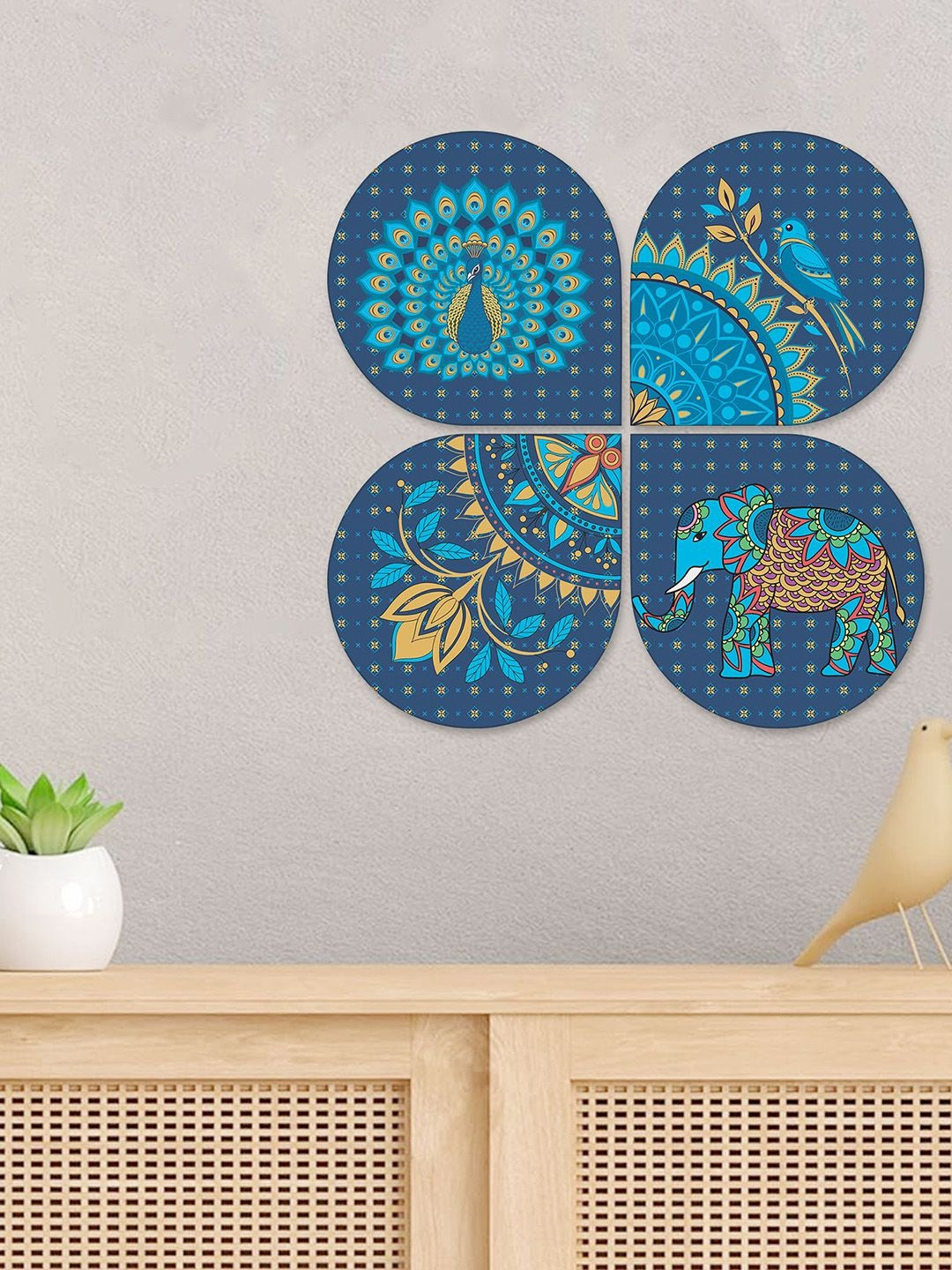 ArtVibes Blue & Yellow Set Of 4 Floral Animal Printed Wooden Wall Hangings