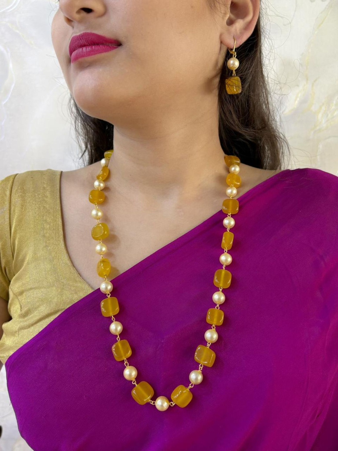 Gehna By Beadazzled Gold-Plated Real Jade Stones and Shell Pearls Jewellery Set