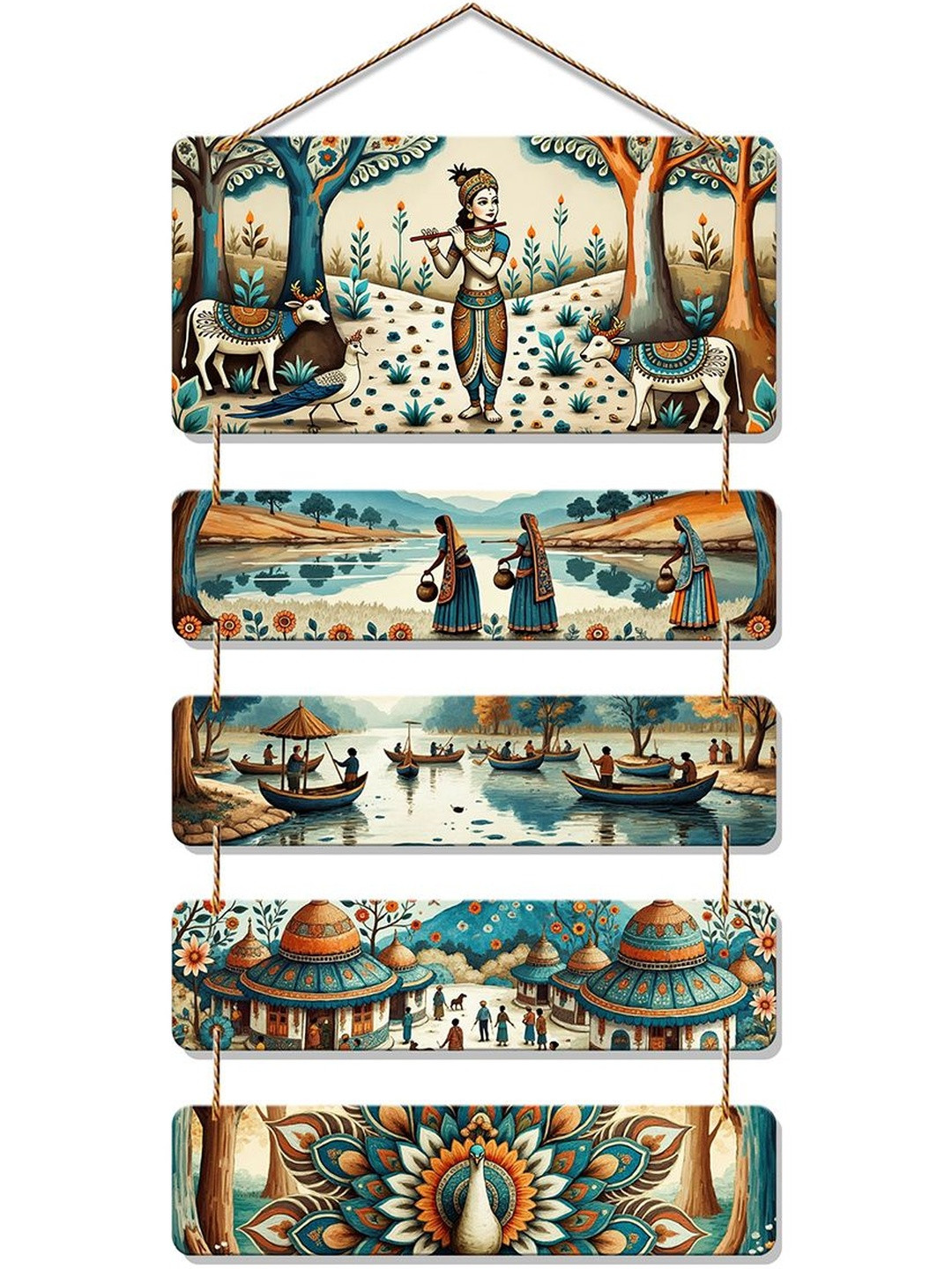 ArtVibes White & Blue Krishna & Rural Life Printed Wooden Wall Hanging