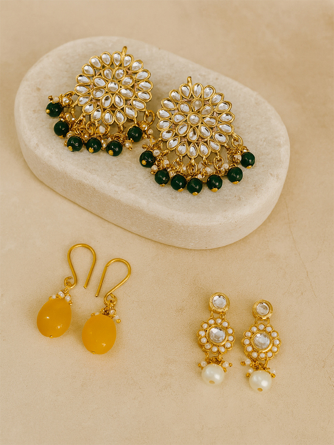 KARATCART Set of 3 Gold-Plated Classic Chandbalis Earrings