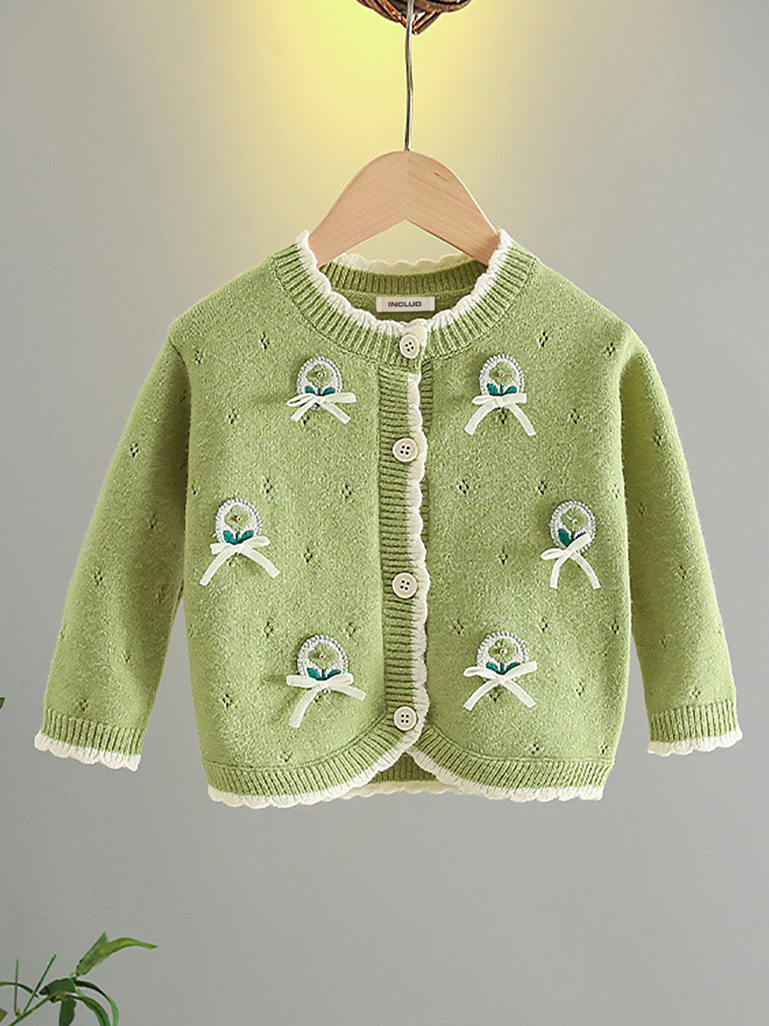 INCLUD Girls Floral Embroidered Round Neck Pullover Sweater Cardigan