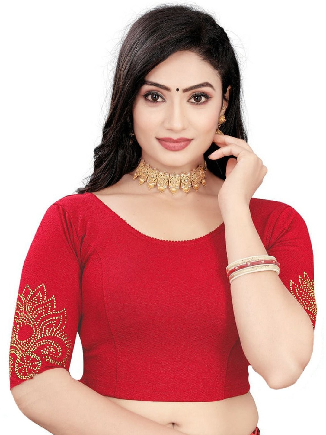 PU FASHION Red Readymade Strechable Lycra Half Sleeve Blouse