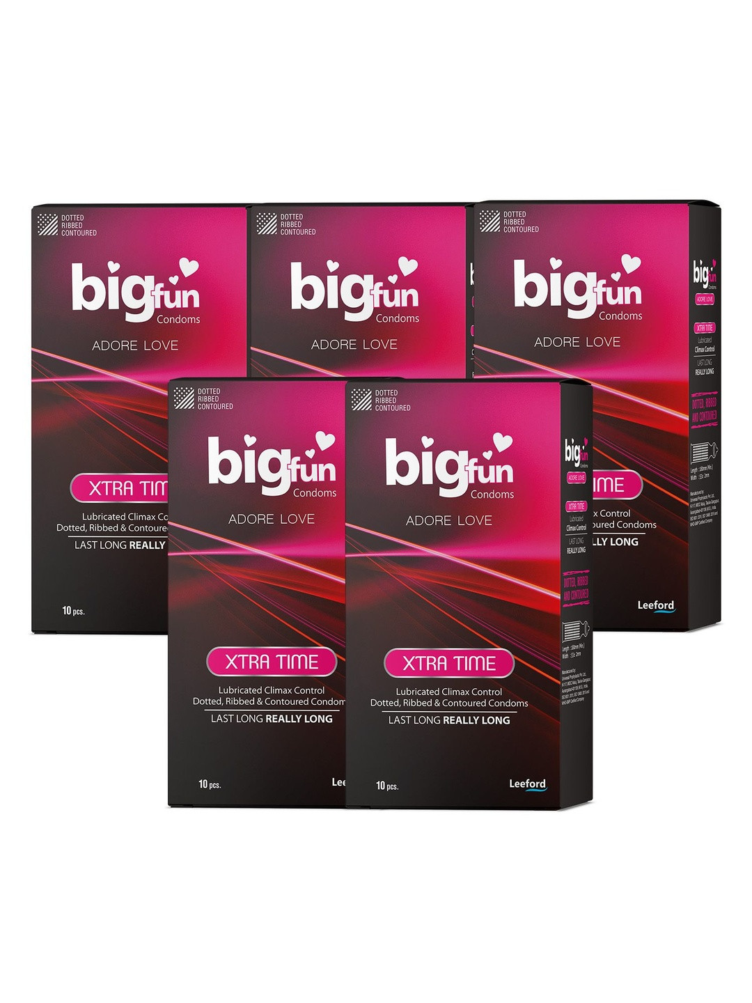 BIGFUN Set Of 5 Dotted, Ribbed & Contoured Xtra Time Condoms - 10 Pieces Each