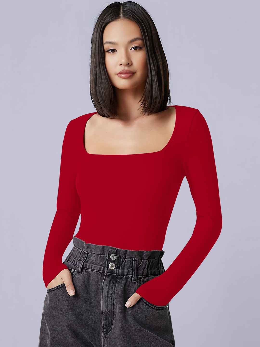 Maheshvi Sakira Women Ribbed Square Neck Long Sleeves Fitted Top