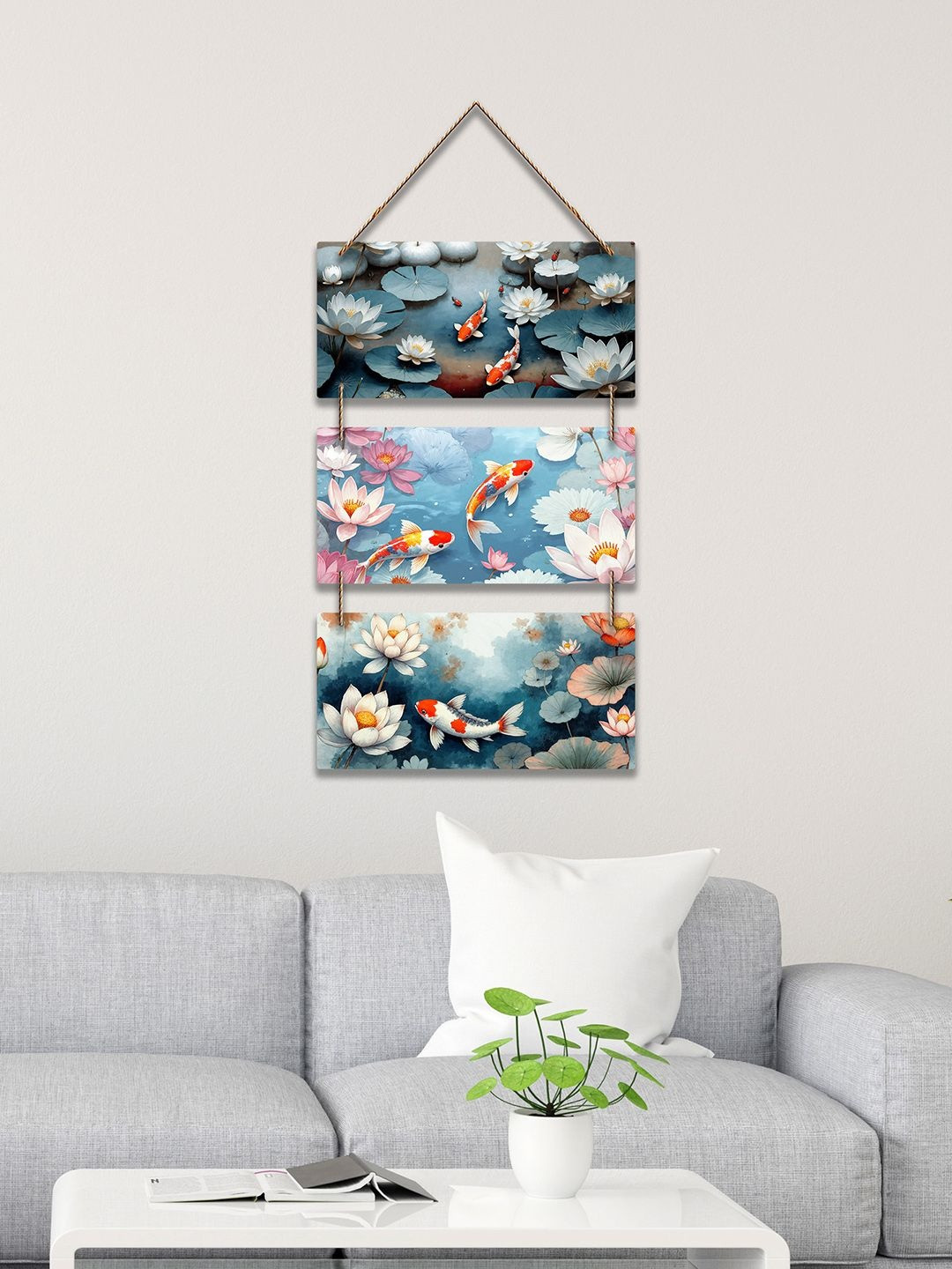 ArtVibes Blue & Pink Printed Water Lily & Koi Fish Decorative Wall Hanging