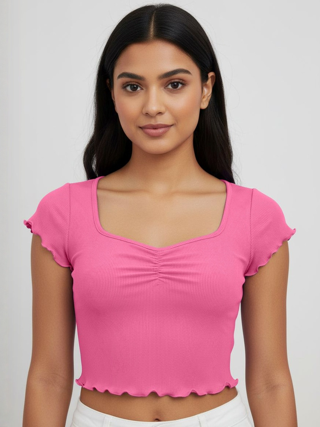 Nalax Designs Women Ribbed Sweatheart Neck Short Sleeve Lettuce Trim Crop Top