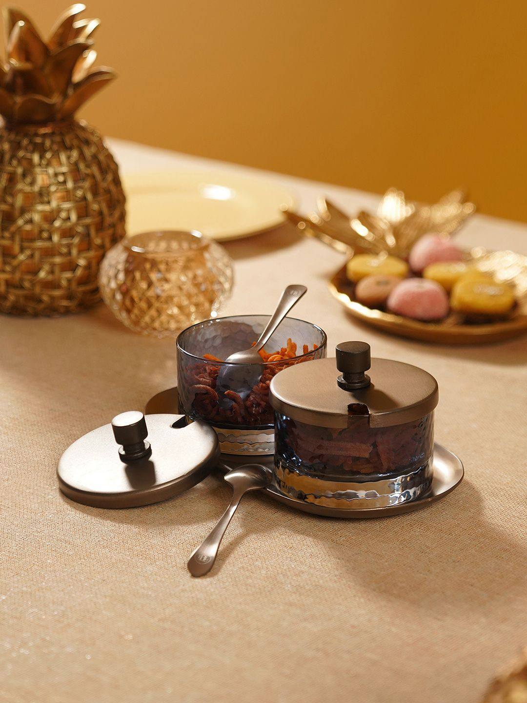 Pure Home and Living Grey 2 Pieces Hammered Condiment Glass Jars With Tray