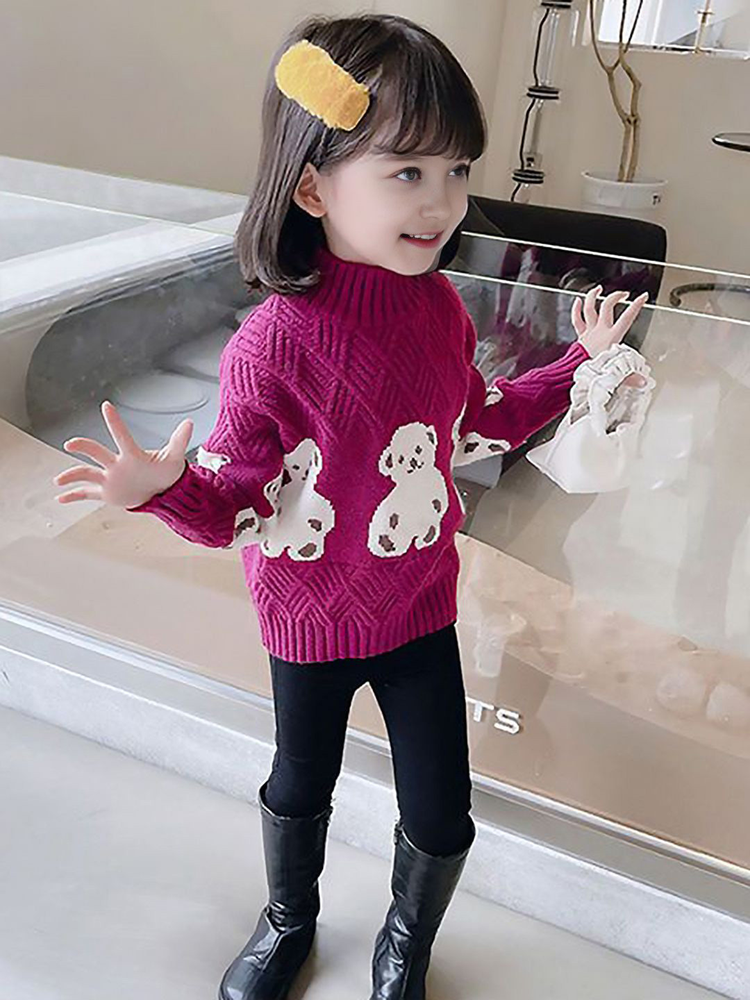 INCLUD Girls Bear Patterns High Neck Pullover Sweater