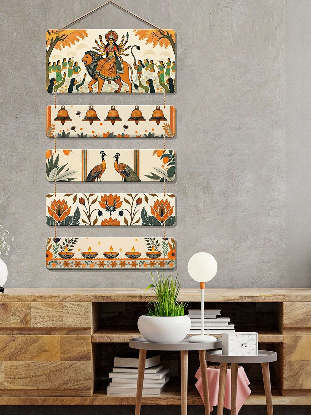 ArtVibes Off-White & Green Devi Durga and Peacock Design Wooden Wall Decor