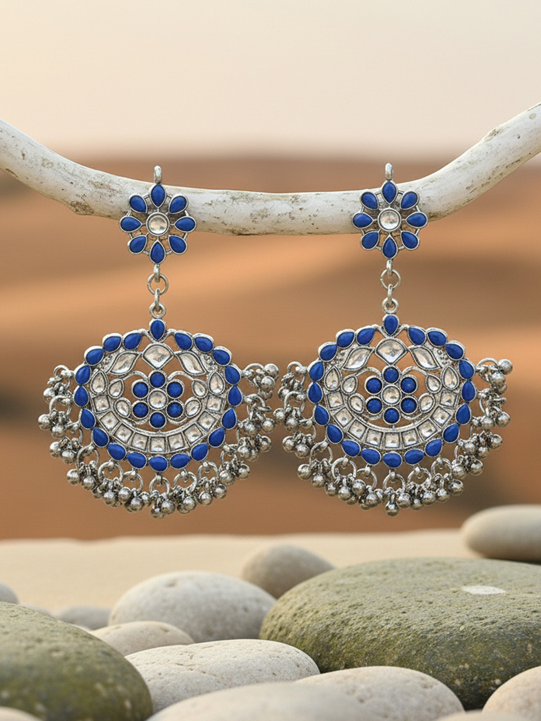KARATCART Blue Kundan Studded Oxidised Classic Drop Earrings