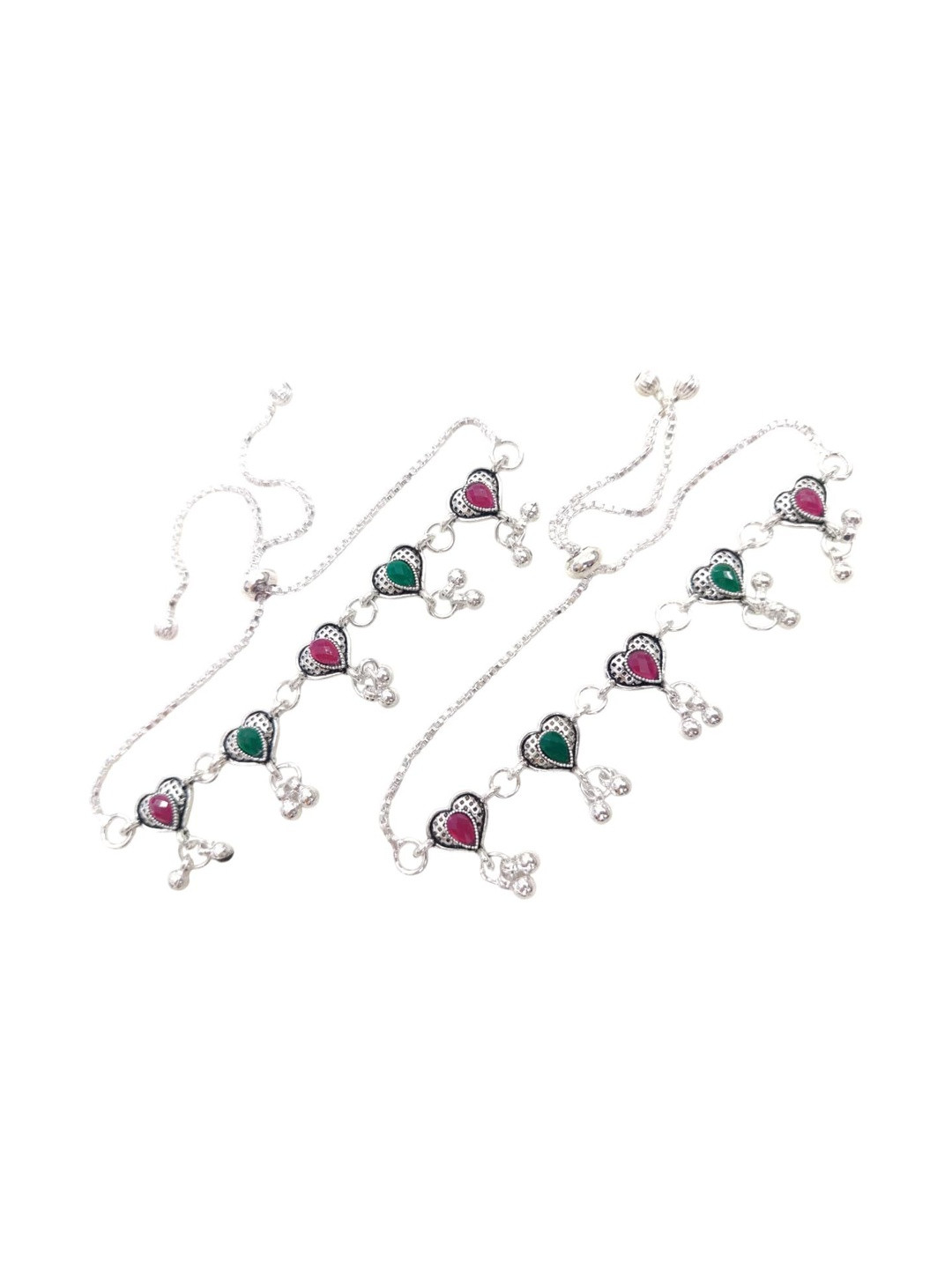 Lovemi Movements Women Pack of 2 Pink & Green Traditional Silver-Plated Heart Anklets