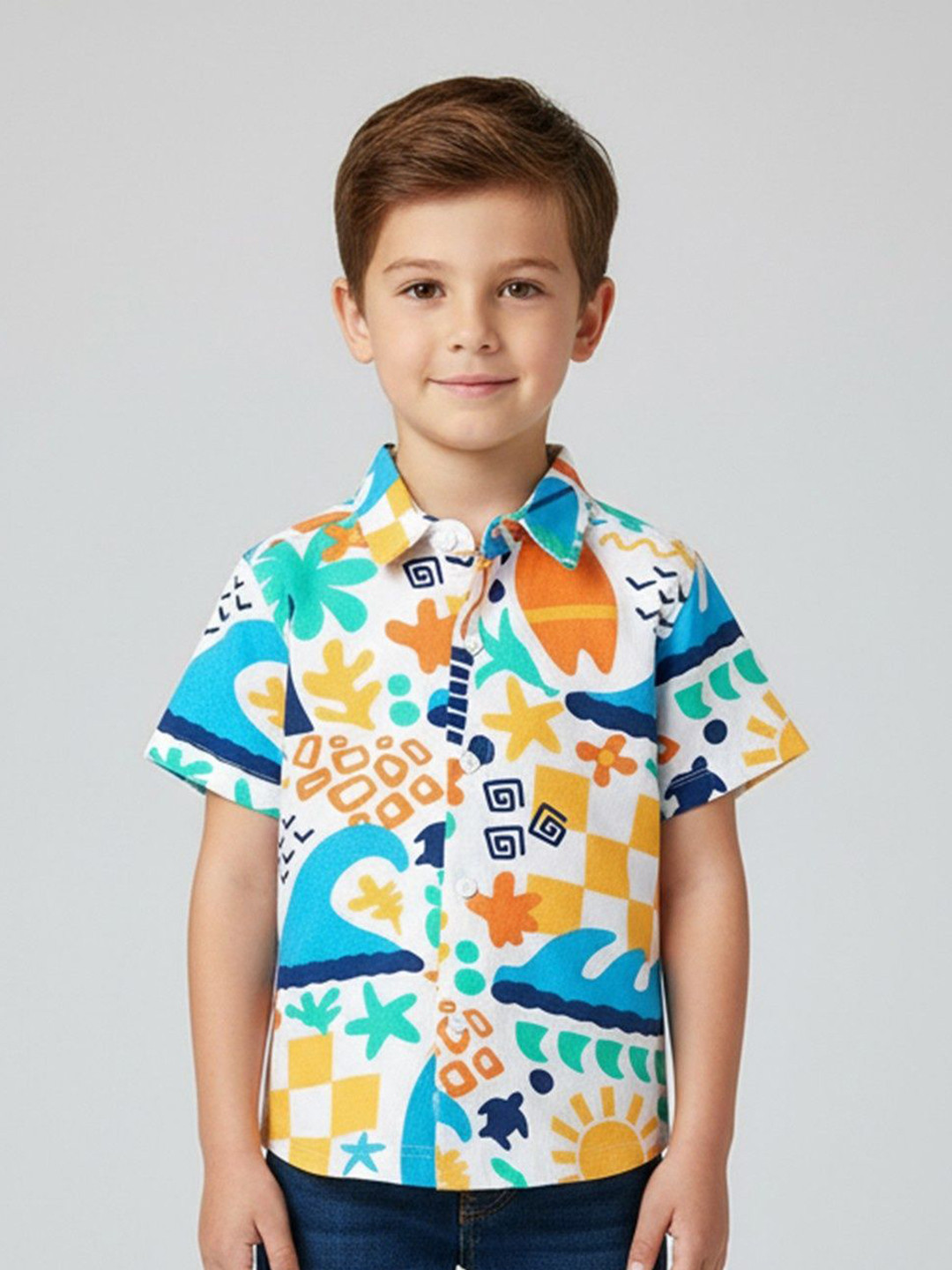 HOPZONIC Boys Custom Fit Conversational Printed Spread Collar Casual Shirt