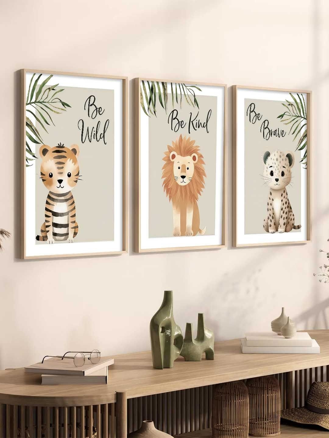 Kotart Beige & Orange 3 Pieces Cartoon Art Wooden Rectangle Wall Arts