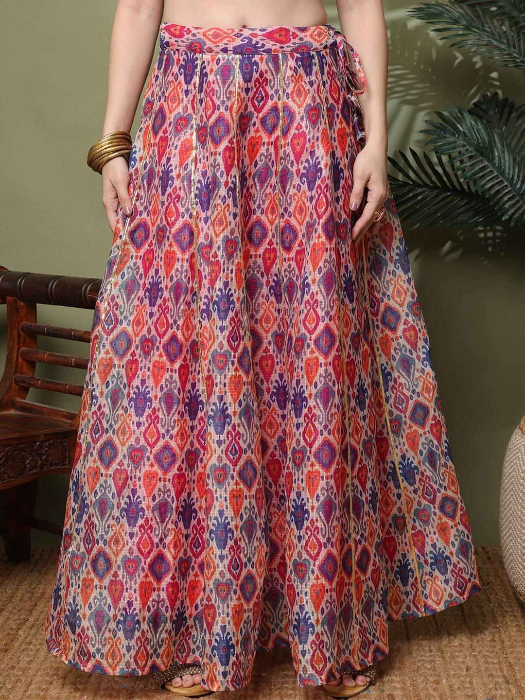 NEUDIS Women Bohemian Ikat Geometric Printed Flared Maxi Skirt