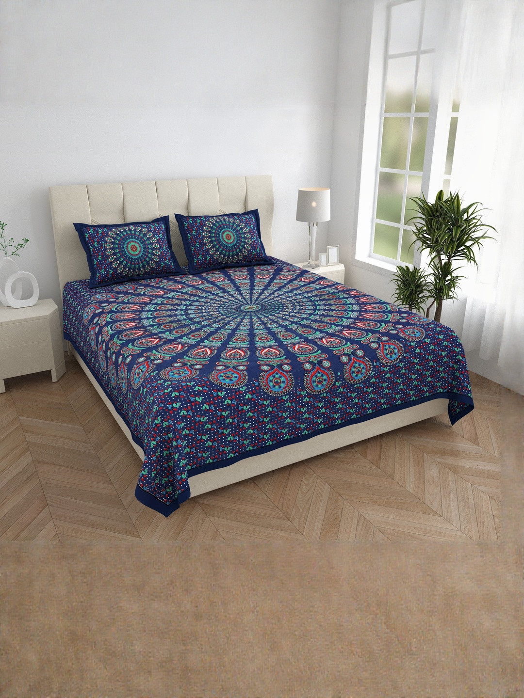 ABHACLOTHO Blue & Red Printed Cotton 144 TC Double Bedsheet Set 2.10 m x 2.35 m