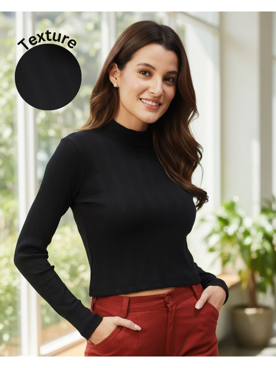 CORSICA Women Ribbed High Neck Long Sleeves Fitted Top