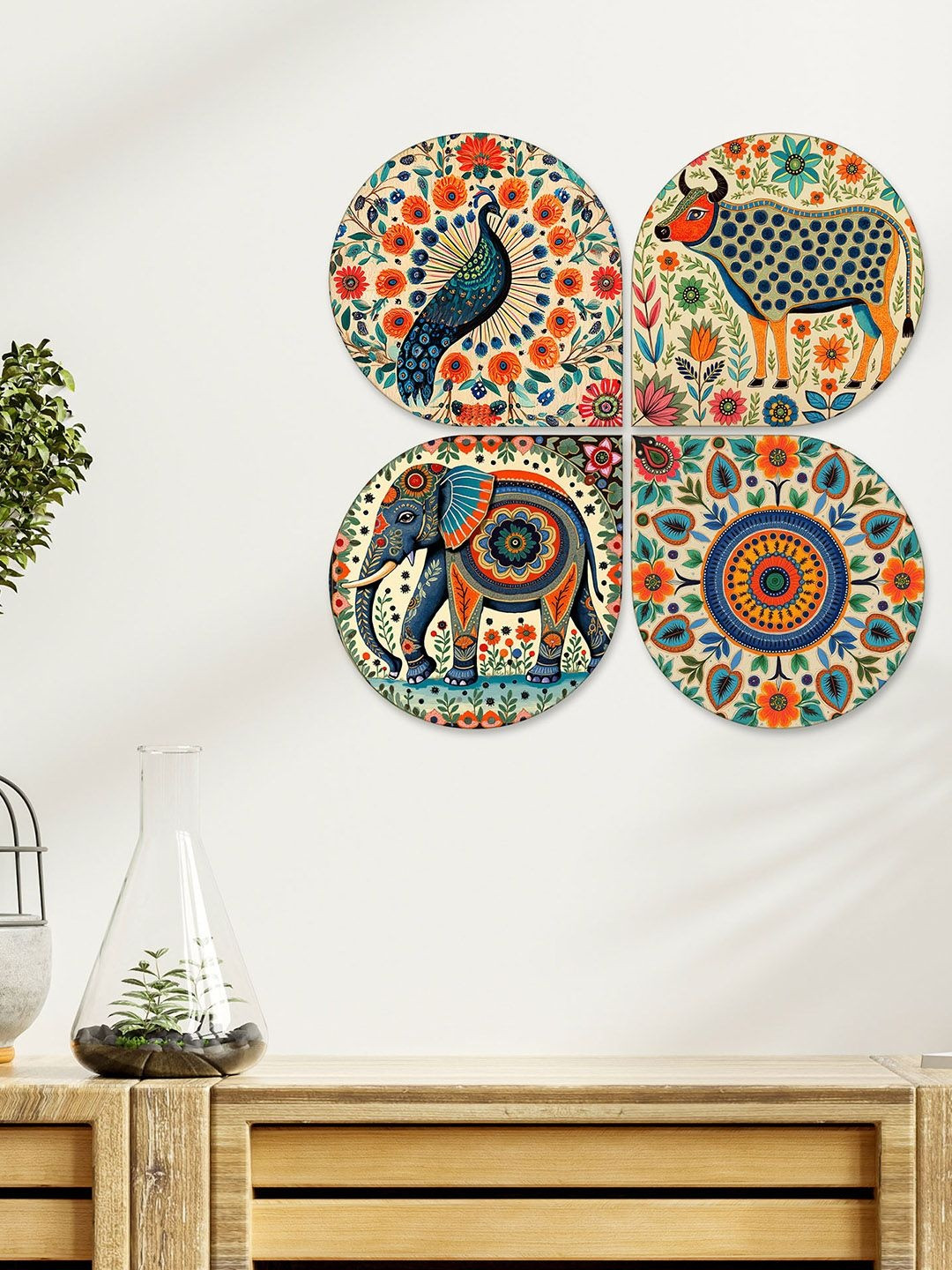 ArtVibes 4 Pieces Cream & Green Folk Fusion Wooden Wall Hangings