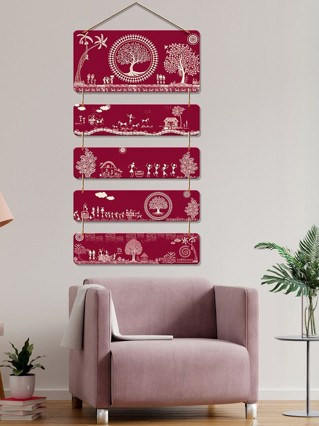 ArtVibes Red & White Warli Tribal Art Wooden Wall Art