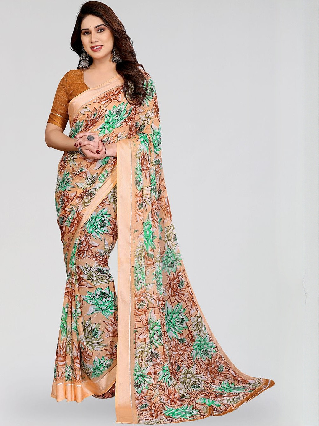 Moda Rapido Women Floral Print Georgette Silver Thread Embellishment Satin Saree