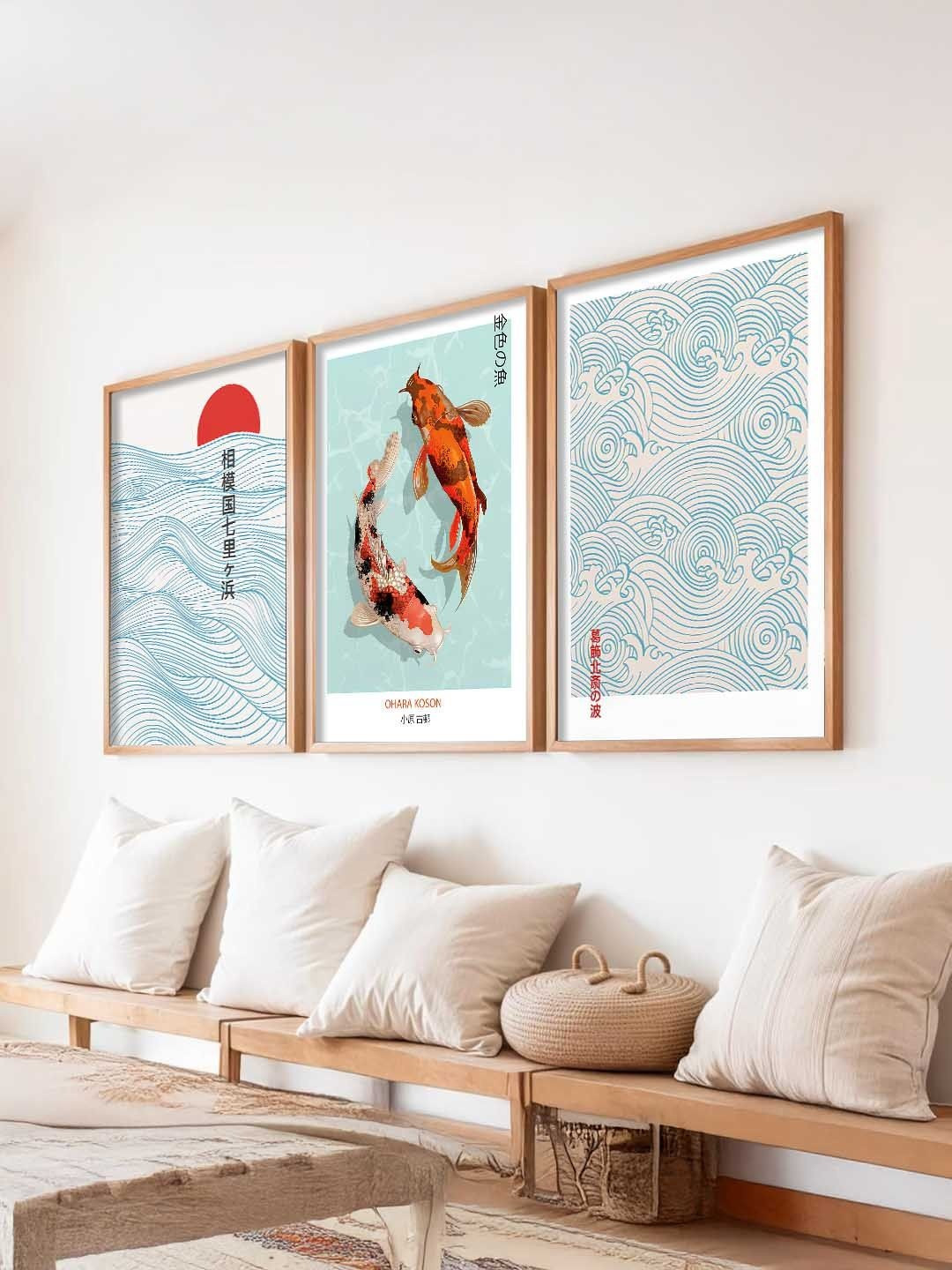 Kotart White & Blue 3 Pieces Japanese Framed Posters Wooden Wall Arts