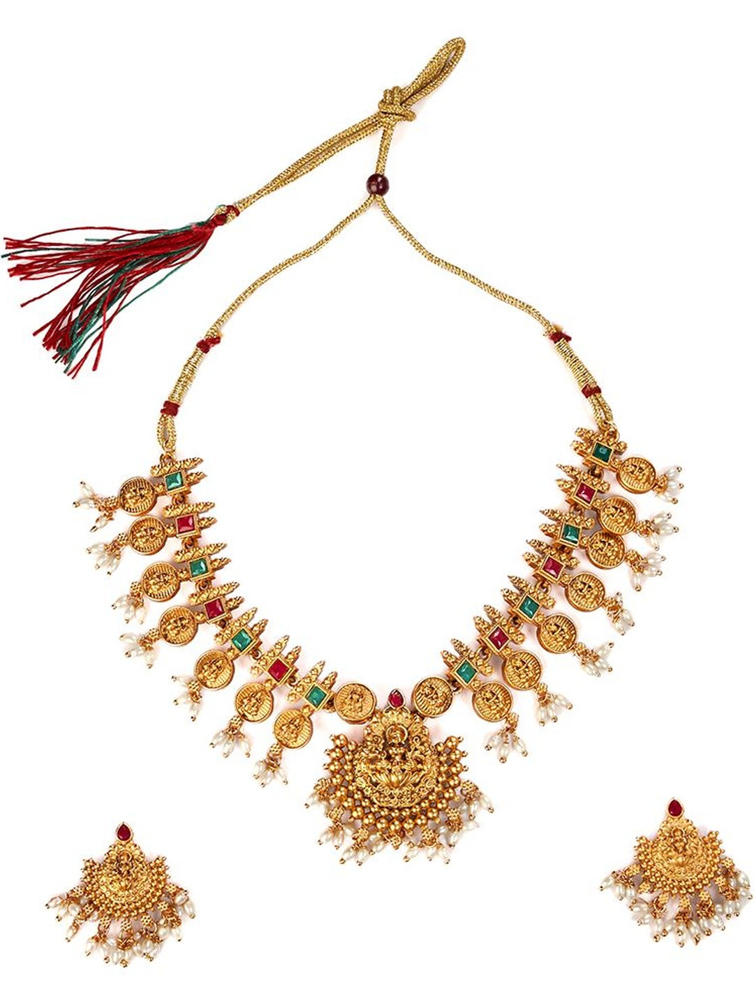 Kulin Women Traditional Temple Design Gold-Plated Necklace Set with Earrings