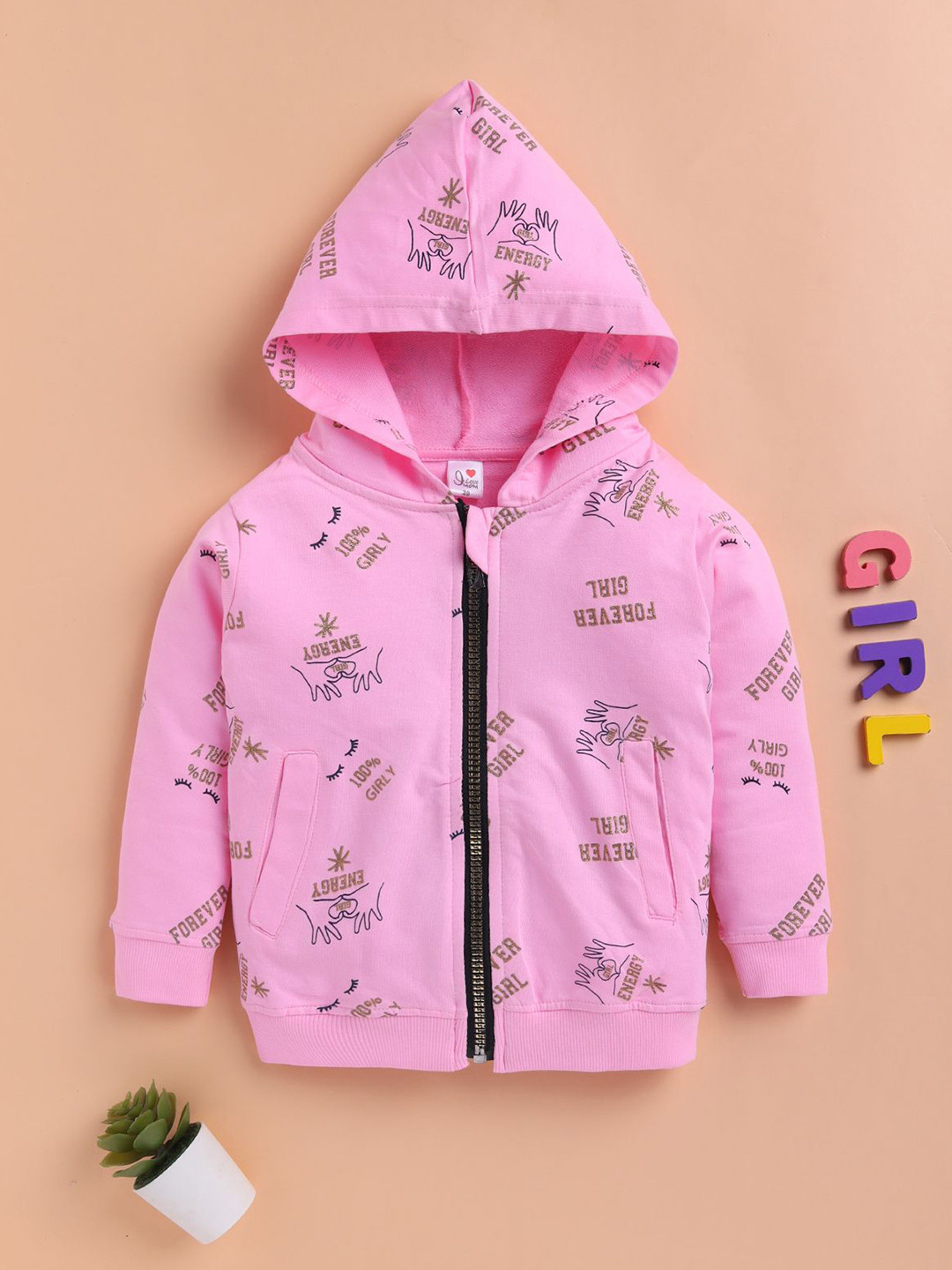 I LOVE MOM Girls Typography Printed Front Open Hooded Sweatshirt