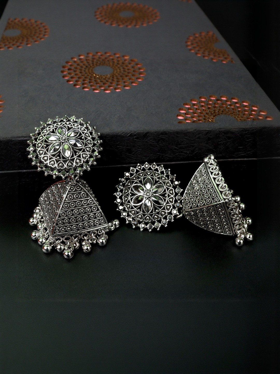 Floky Silver-Plated Artificial Stones Studded & Beaded Dome Shaped Jhumkas