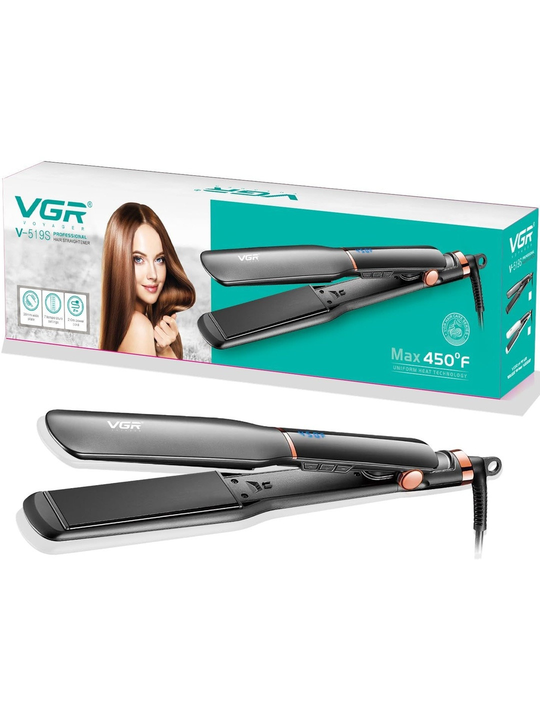 VGR V-519s Professional Hair Straightener - 38mm Ceramic Coating Plates - Black