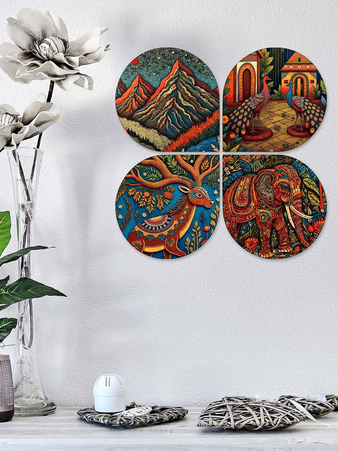 ArtVibes Set Of 4 Red & Green Nature & Wildlife Wooden Wall Decor