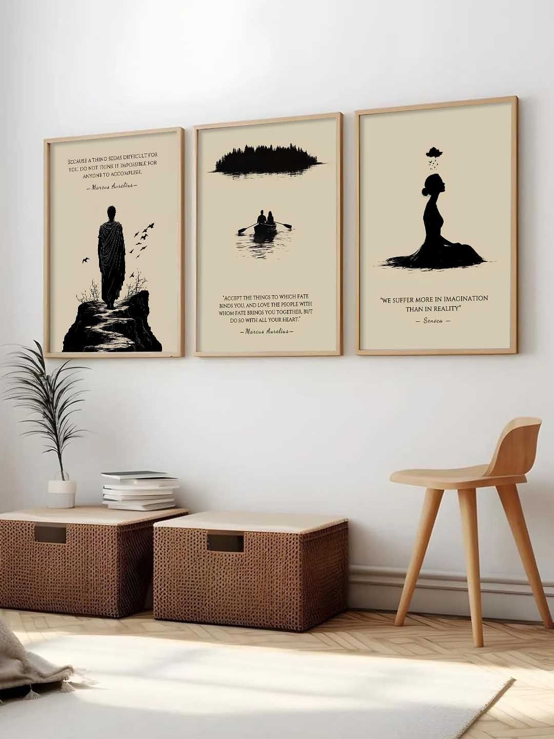 Kotart Beige & Black 3 Pieces Wooden Philosophy Framed Poster Wall Arts