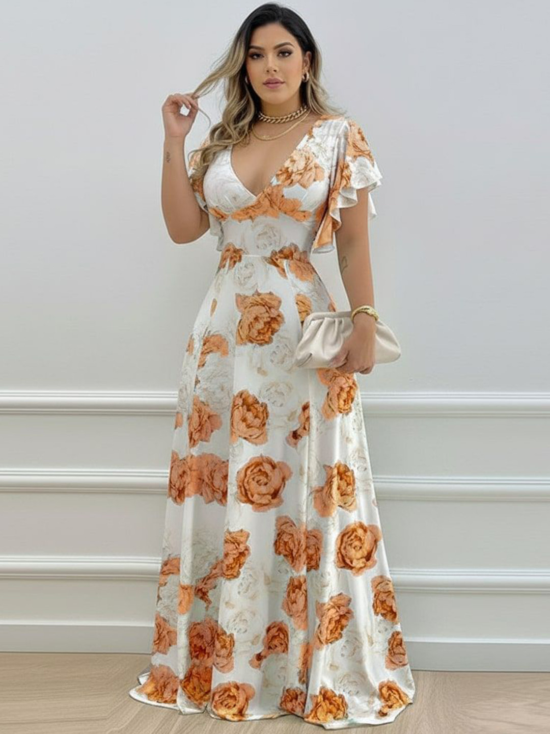 KUNDAN FAB Floral Print Flutter Sleeve Ruffled A-Line Maxi Dress