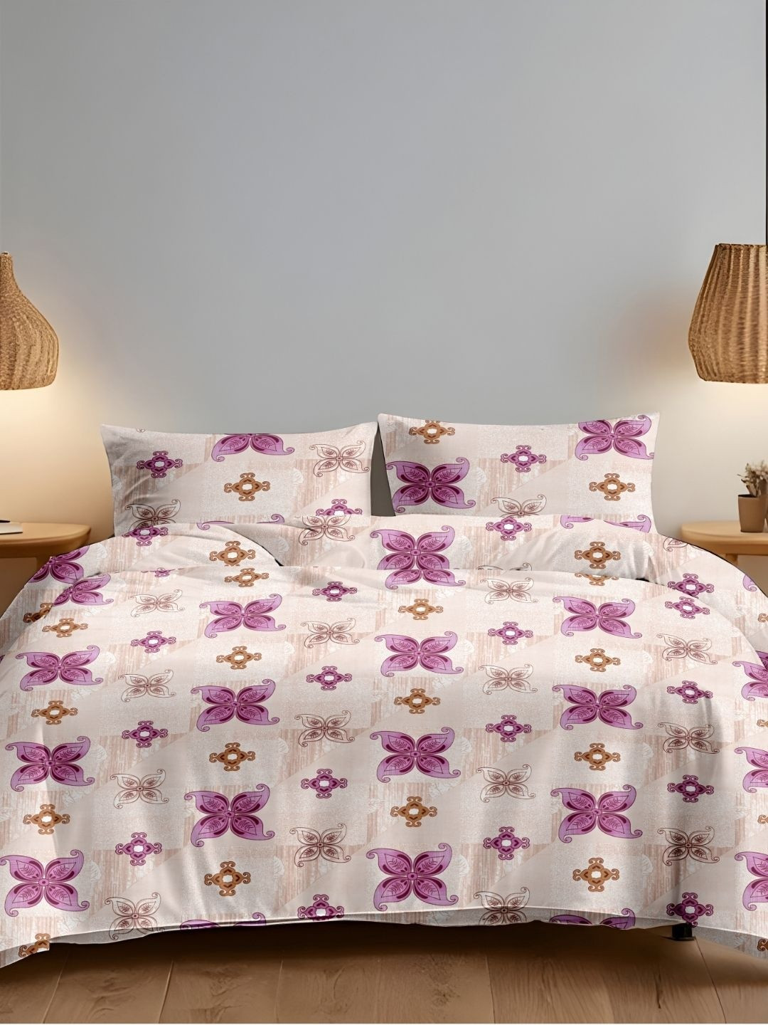 Sleeping Owls Purple & White 144 TC Queen Bedsheet with 2 Pillow Covers