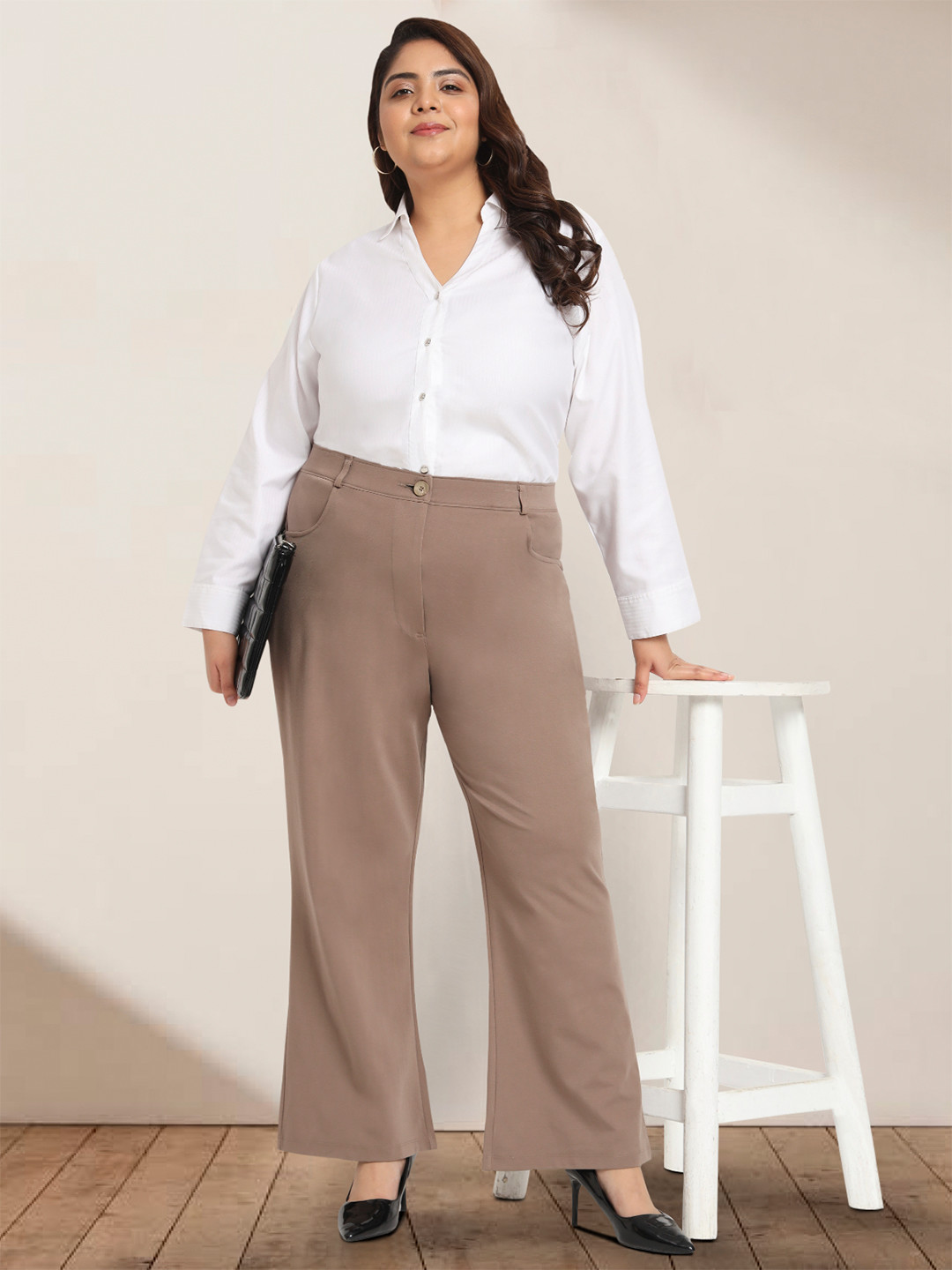 wild U Women Plus Size Smart Straight Fit High-Rise Easy Wash Formal Trousers