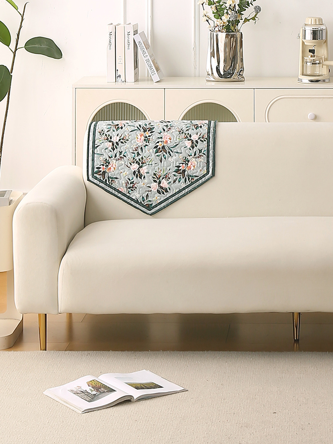 HOKIPO Florentina Series Magnolia Green & Black Printed Holland Velvet Backrest Cover Mat