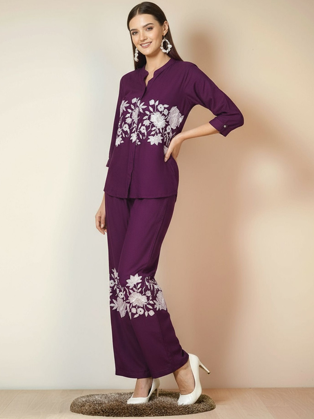 Tzelynn Floral Embroidered Mandarin Collar Thread Work Pure Cotton Shirt With Trousers