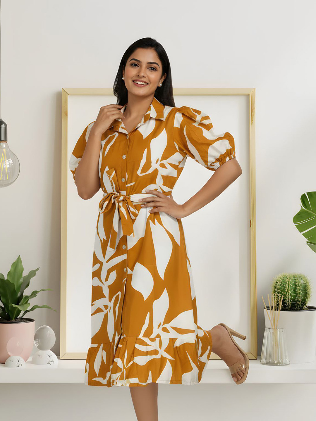 JAMTEXTILE Women Floral Printed Belted Puff Sleeve Shirt Midi Dress