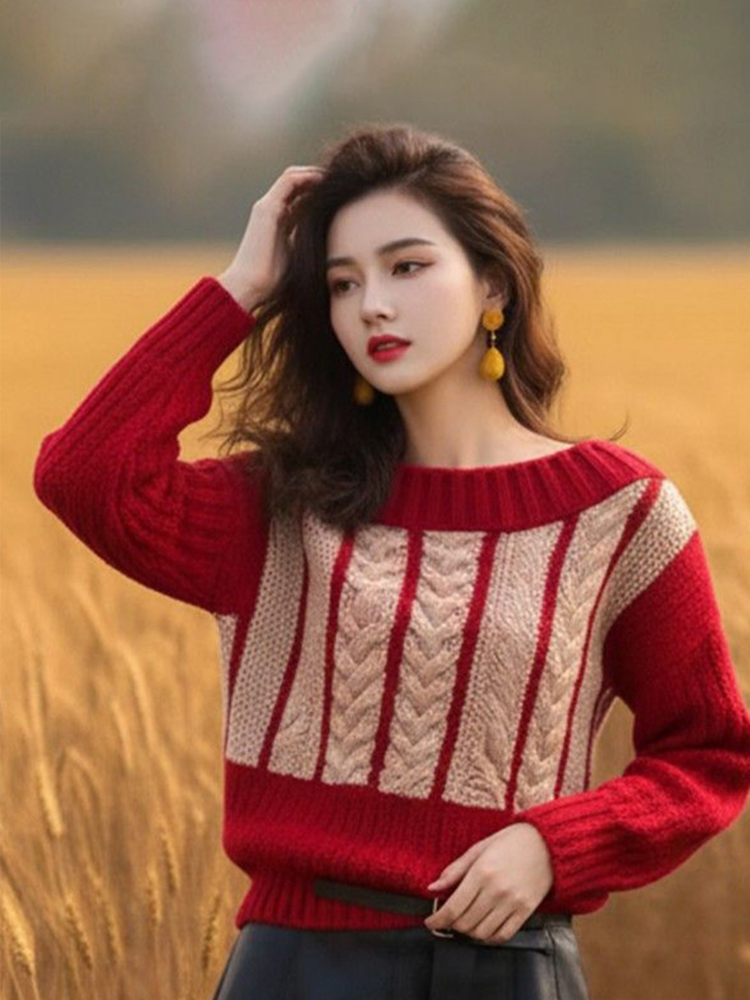 HERE&NOW Women Cable Knit Boat Neck Long Sleeves Pullover