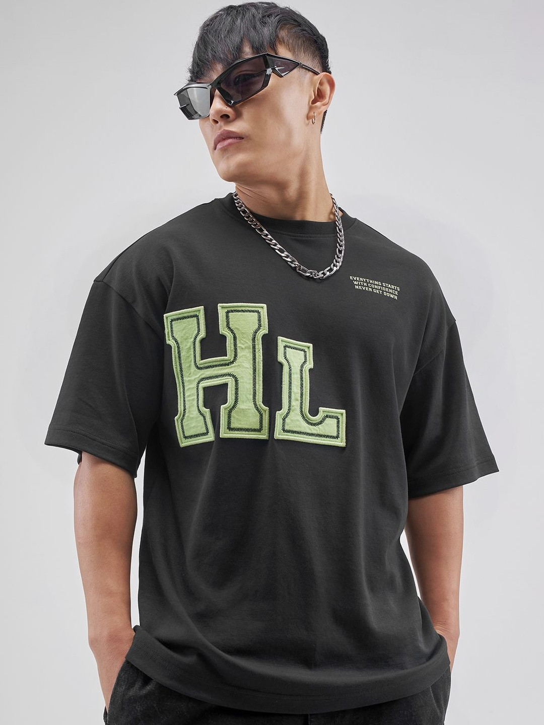 HIGHLANDER Men Printed Round Neck Half Sleeve Oversized Embroidery T-shirt