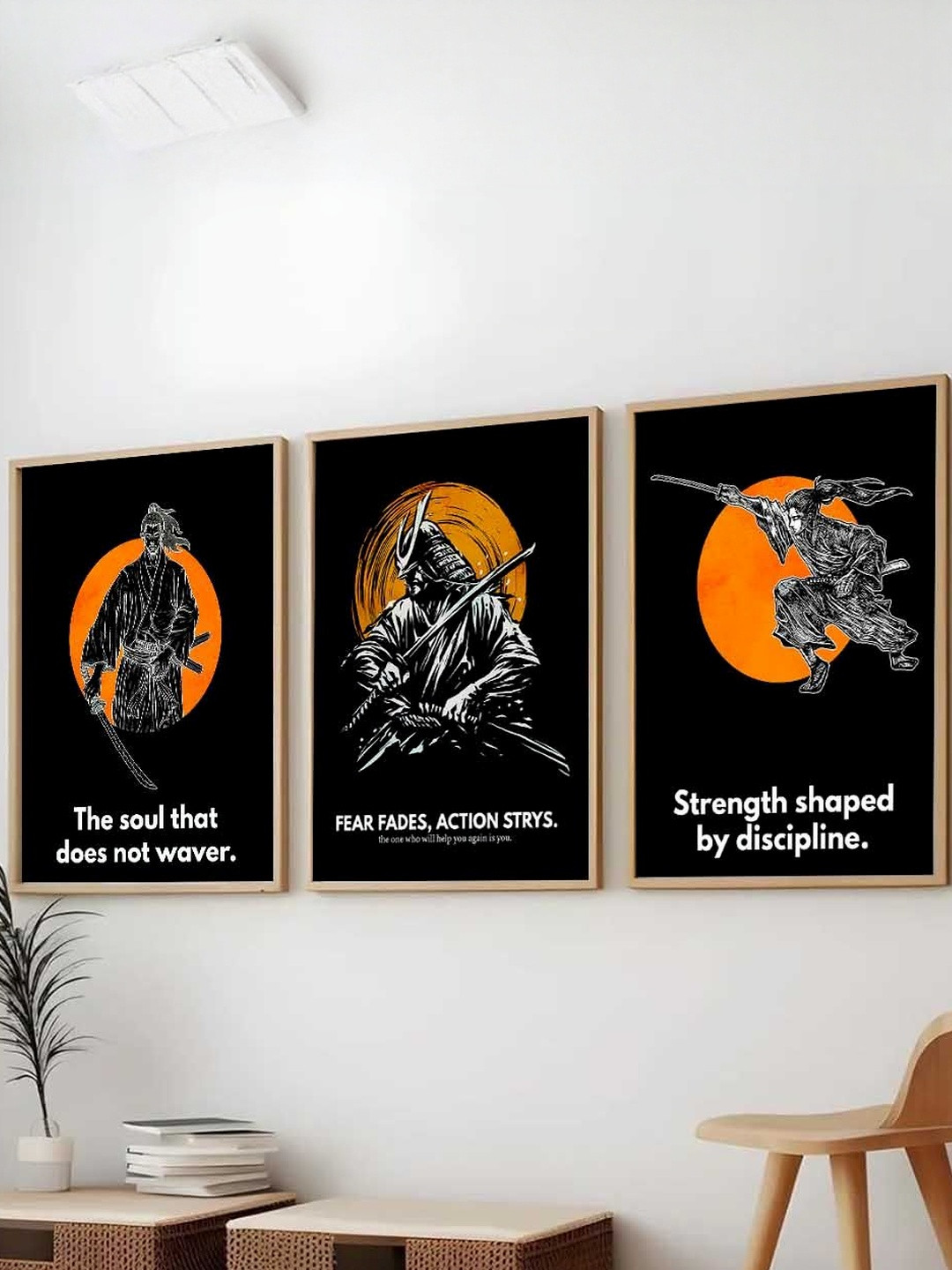 Kotart Black & Orange 3 Pieces Japanese Framed Poster Wooden Wall Arts