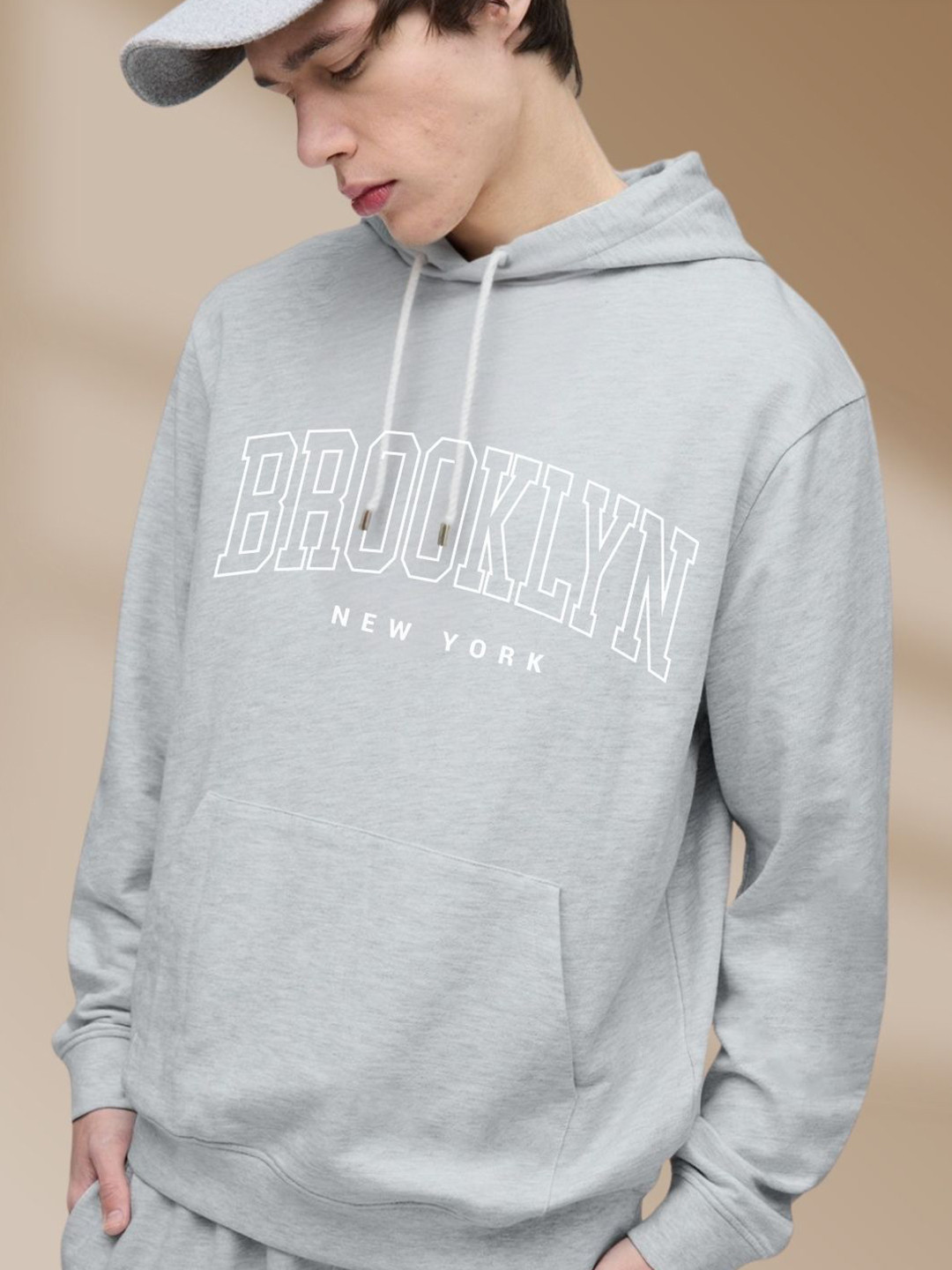 Grey Melange Brooklyn Typography Hooded Sweatshirt