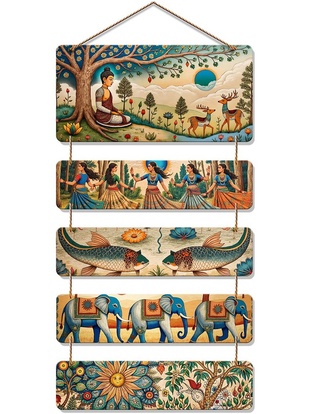 ArtVibes Blue & Green Buddha Peacock & Tribal Dance Printed Wall Hanging